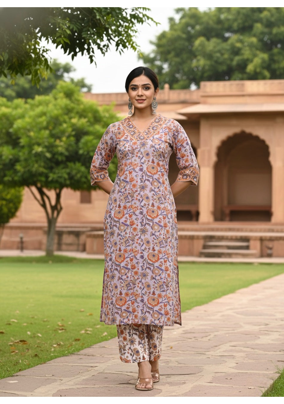 Lilac Blossom Hand Block Printed Suit with Dupatta