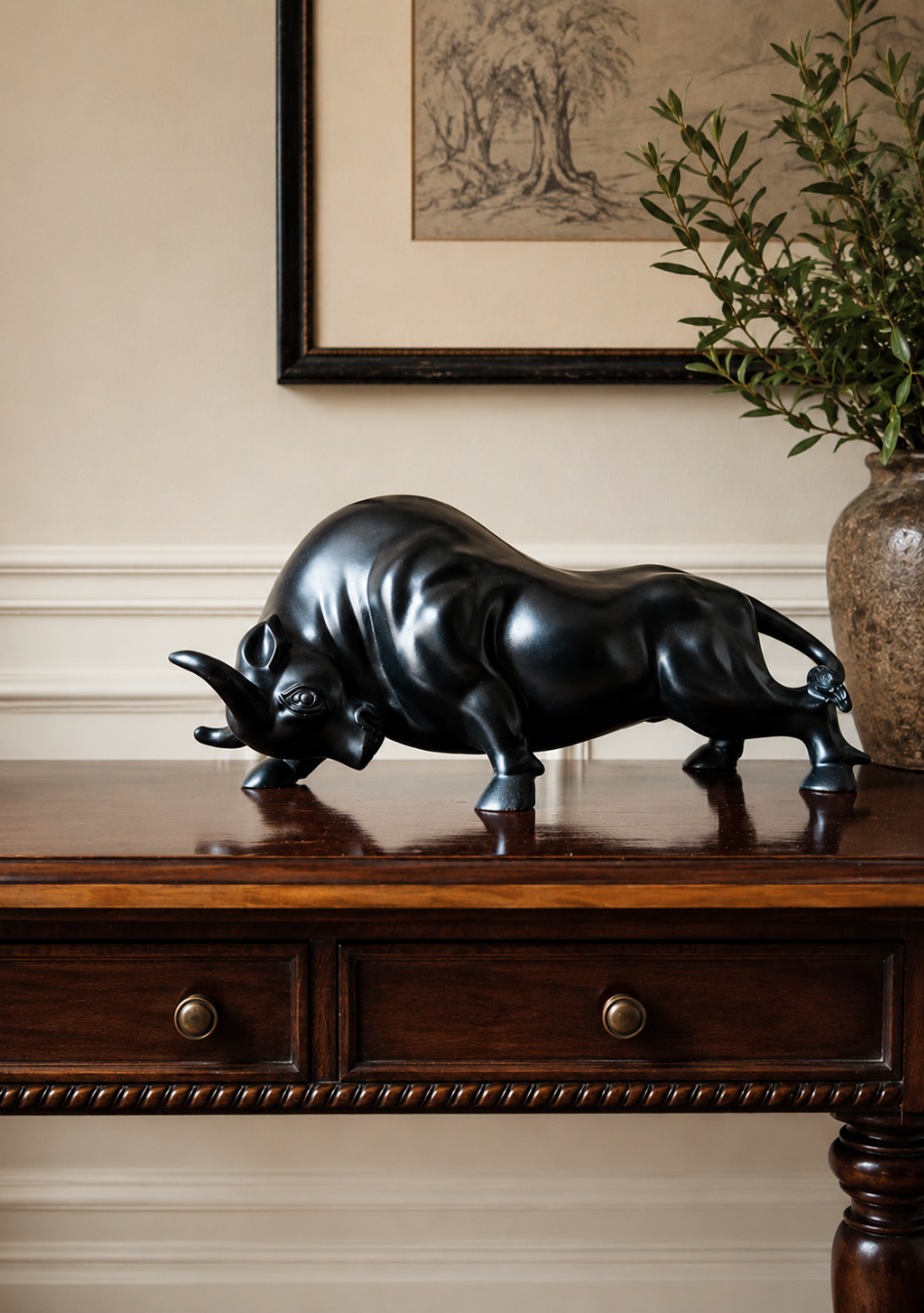 Aravalii Charging Bull Figurine in grey antique resin finish styled as an auspicious Vastu accent on a dark wood office desk