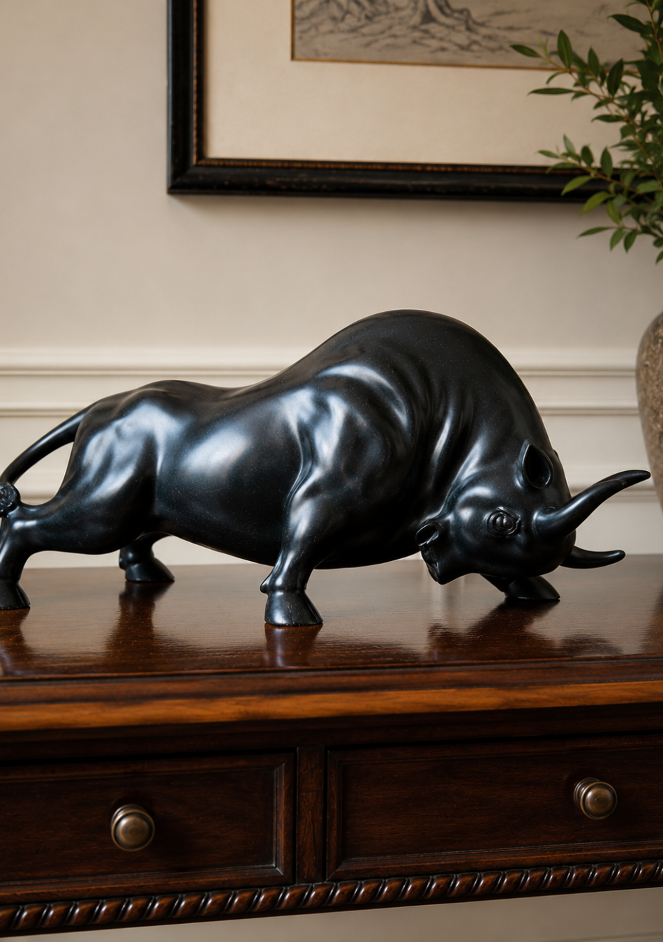 Aravalii Charging Bull Figurine in grey antique resin finish styled as an auspicious Vastu accent on a dark wood office desk