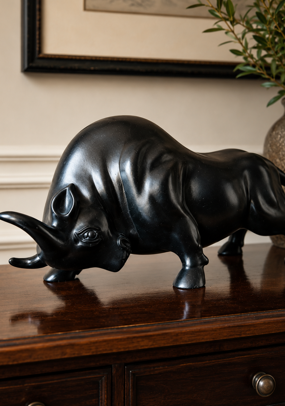 Aravalii Charging Bull Figurine in grey antique resin finish styled as an auspicious Vastu accent on a dark wood office desk