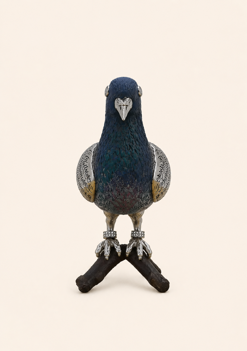 Aravalii Silver Pigeon Figurine in an electro-plated grey antique finish styled on a luxury console table"