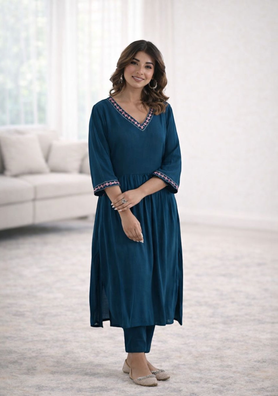 ARAVALII Peacock Blue Gathered Long Kurta Pant Set