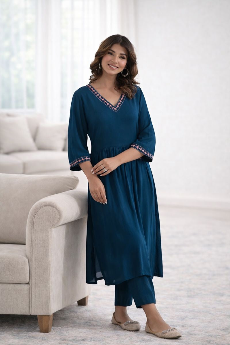 ARAVALII Peacock Blue Gathered Long Kurta Pant Set