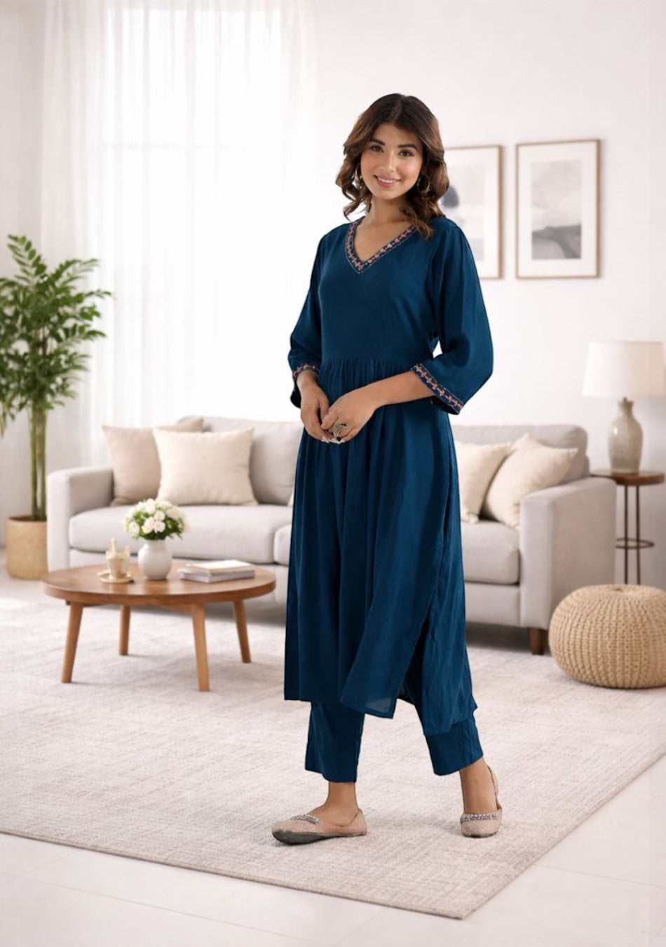 ARAVALII Peacock Blue Gathered Long Kurta Pant Set