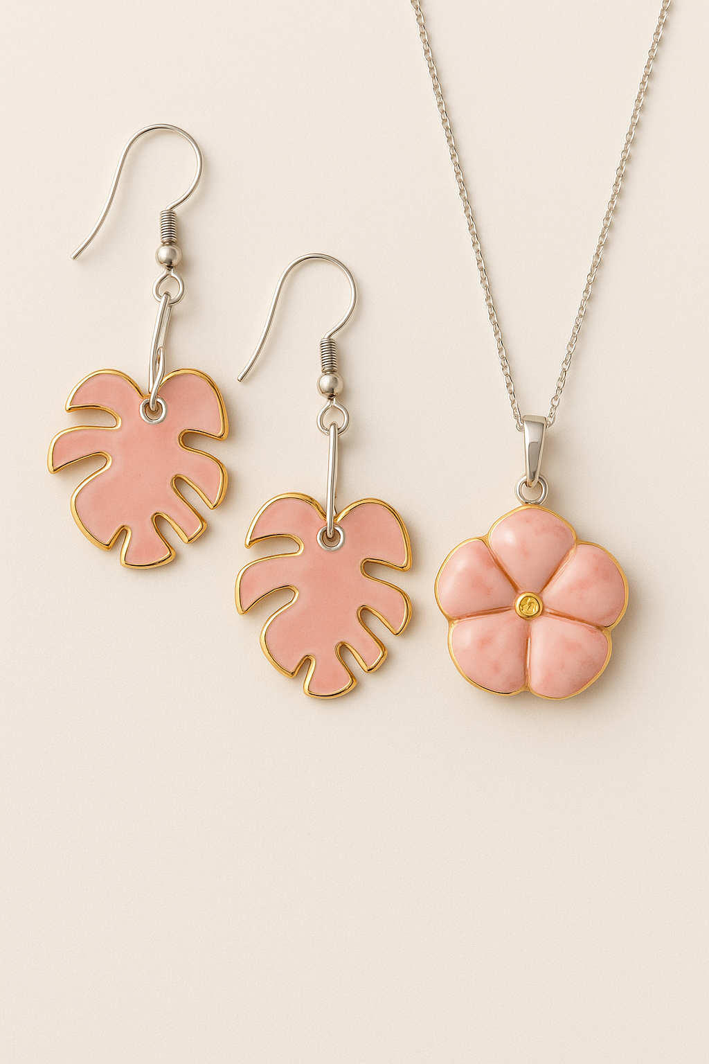 Pink Swiss Cheese Leaf Pendant and Earring Set