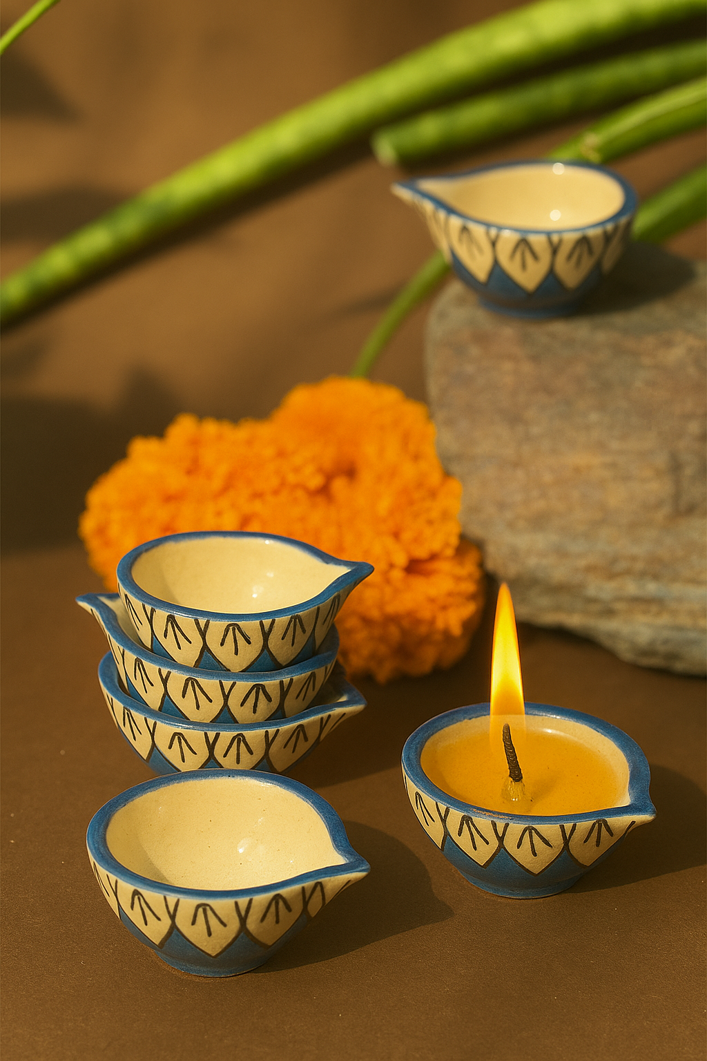 Sky Blue blossom Diya - set of 6