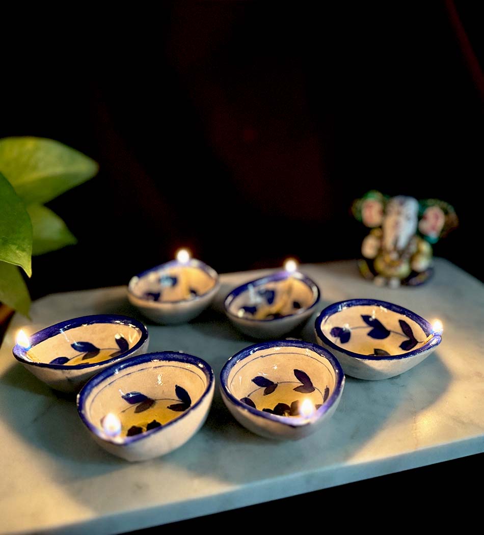 Blue Pottery Blue Lotus Design Diya - Set of 6