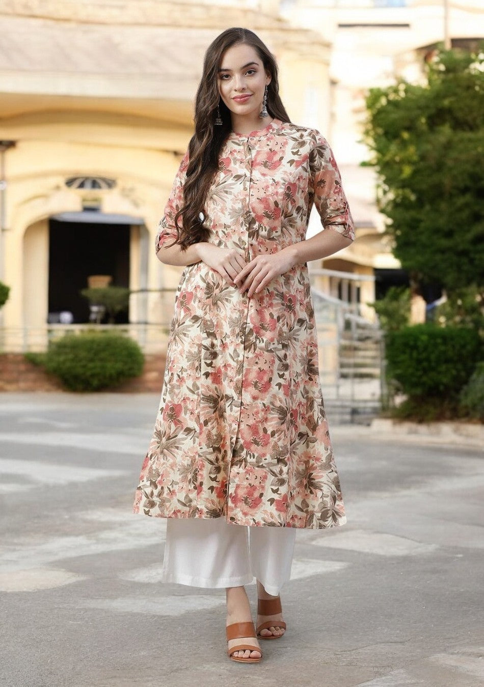 Cream Floral Print A-line cotton Kurta