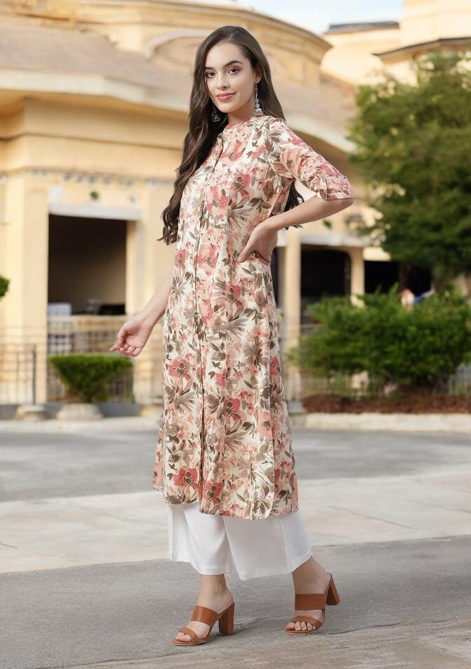 Cream Floral Print A-line cotton Kurta