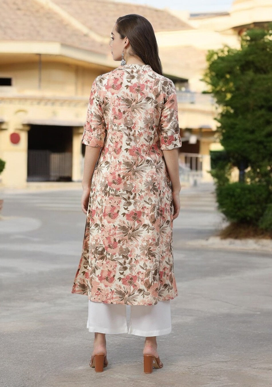 Cream Floral Print A-line cotton Kurta