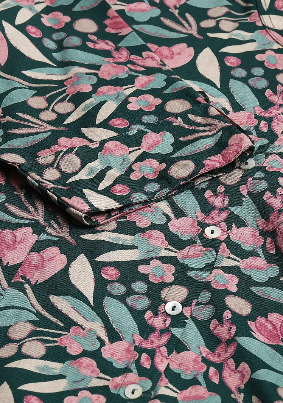 Dark Green Floral Rayon A-line Shirts Style Top