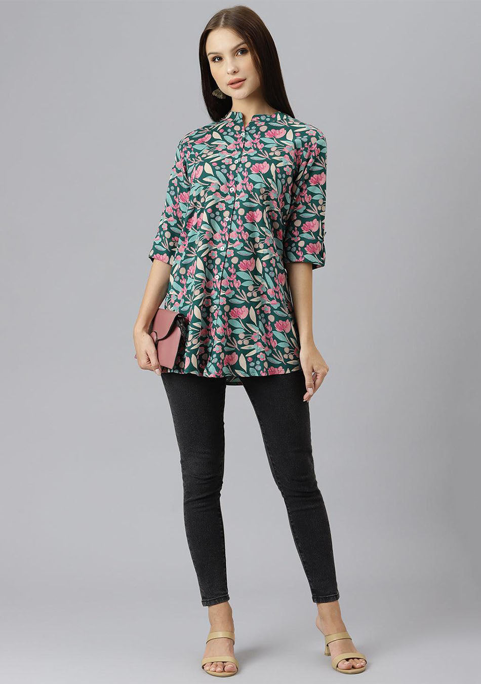 Dark Green Floral Rayon A-line Shirts Style Top