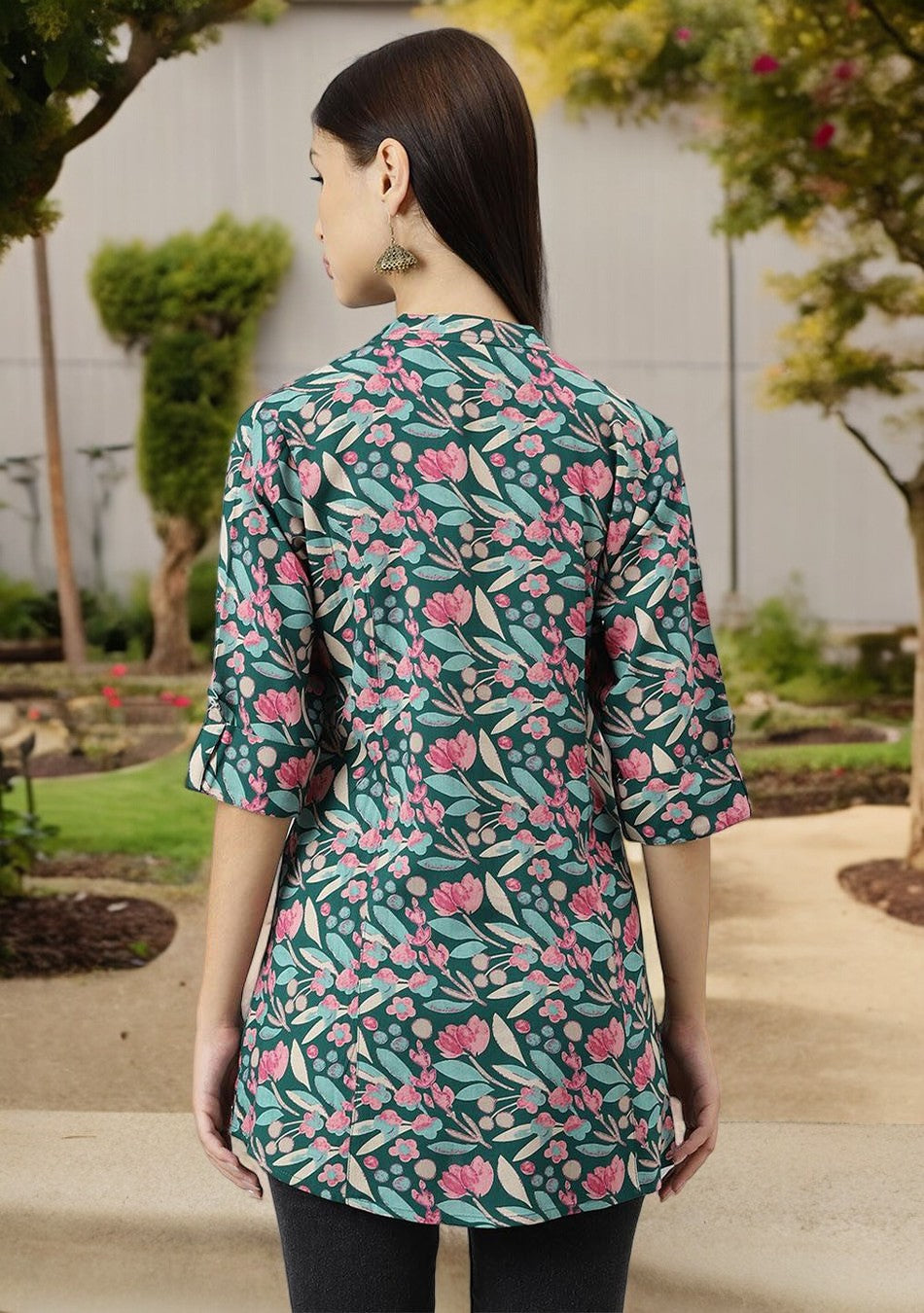 Dark Green Floral Rayon A-line Shirts Style Top