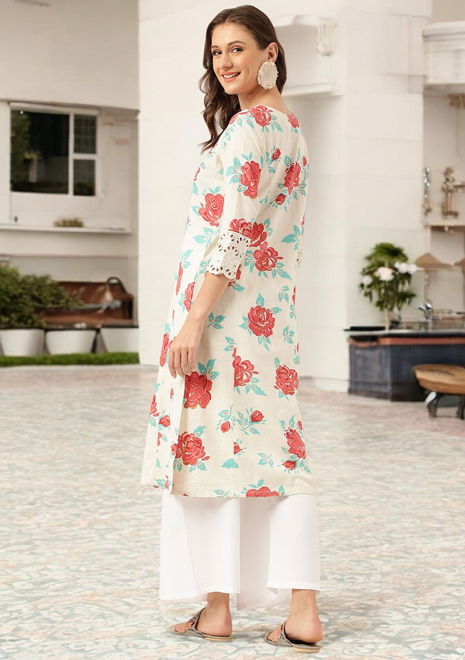 White Floral Printed Cotton A-Line Kurta