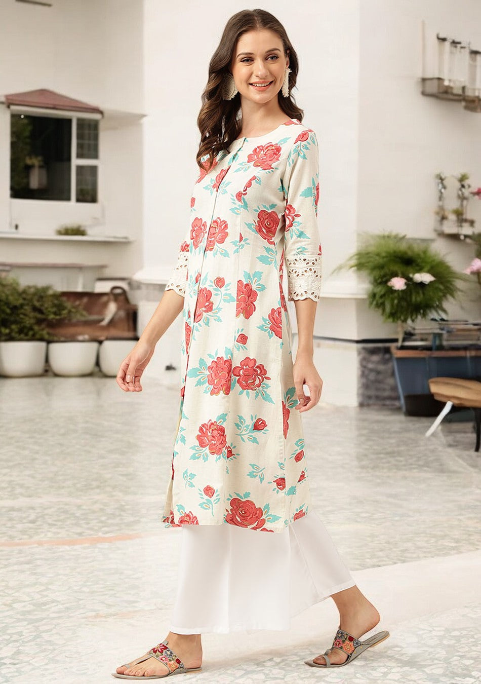 White Floral Printed Cotton A-Line Kurta
