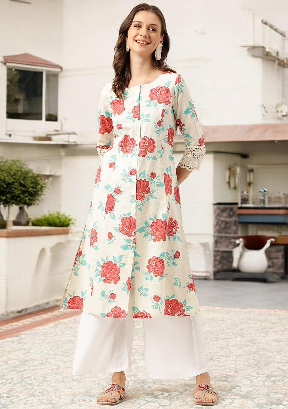 White Floral Printed Cotton A-Line Kurta