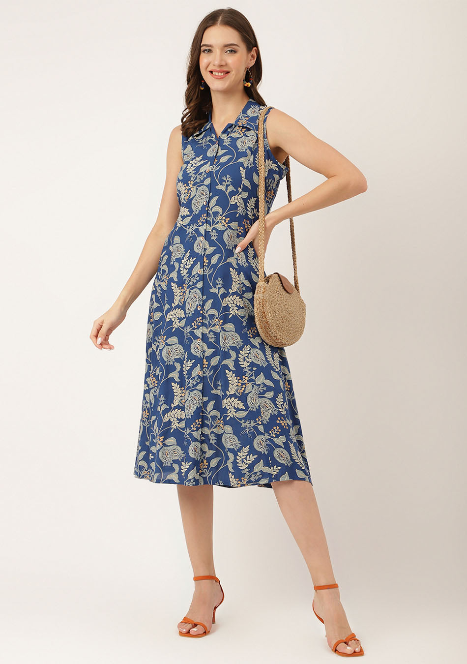 Royal Blue Floral Printed Rayon A-Line Midi Dress with Attached Sleeves
