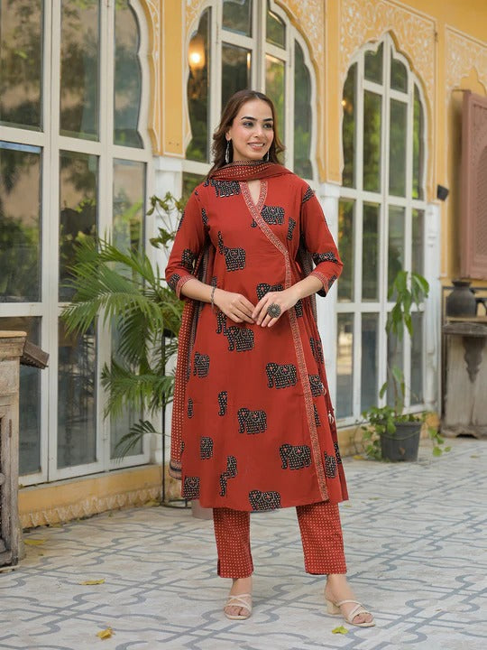 Red Animal Print Cotton A-Line Kurta Pant with Dupatta