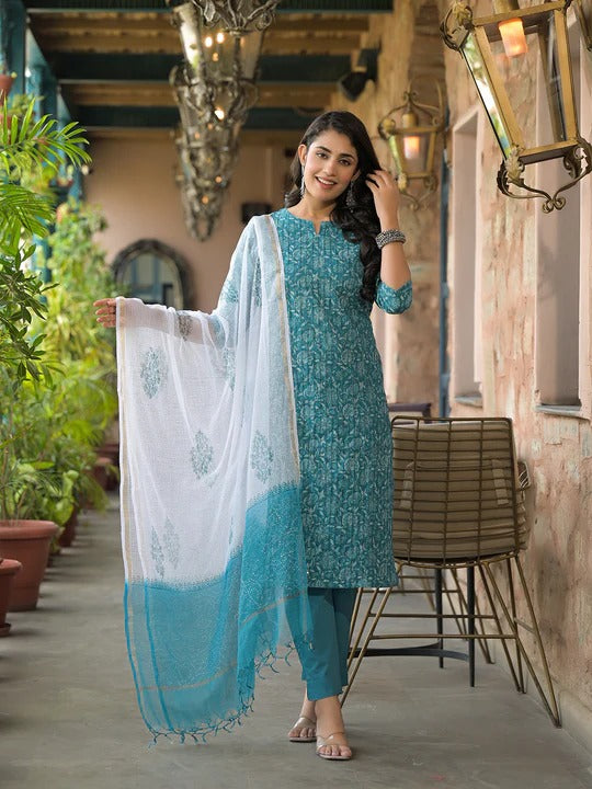 Teal Blue floral Kurta Pant Set