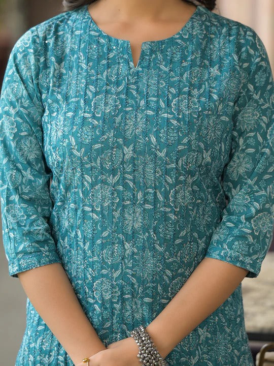 Teal Blue floral Kurta Pant Set