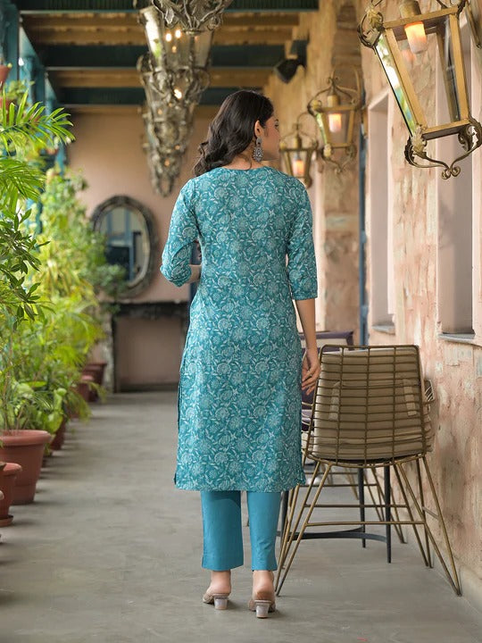 Teal Blue floral Kurta Pant Set