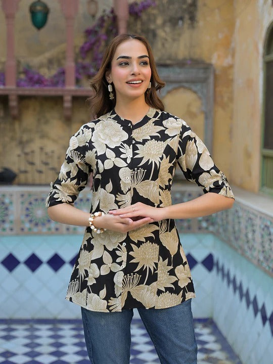 Black Printed Rayon A-Line Top