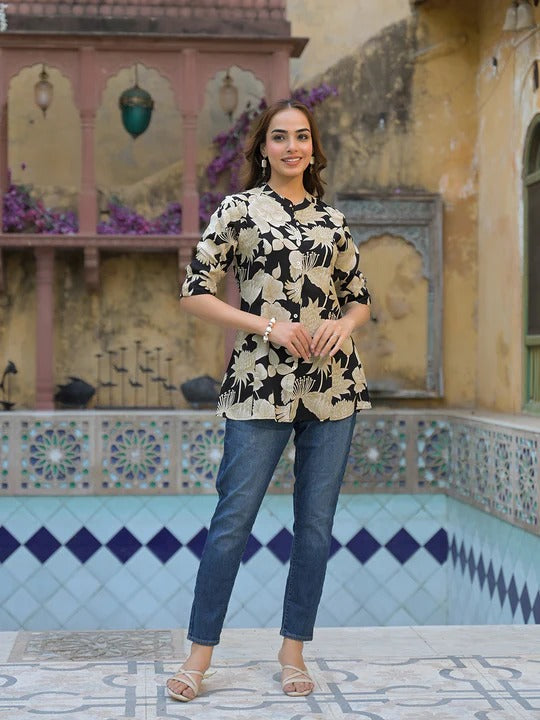 Black Printed Rayon A-Line Top