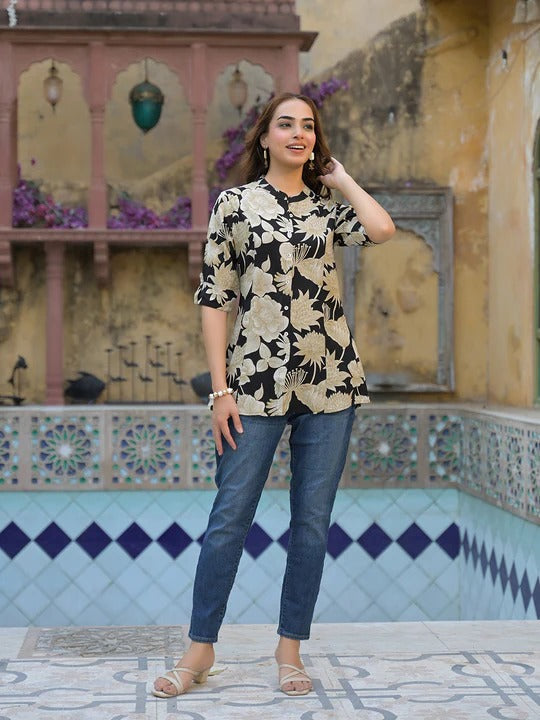 Black Printed Rayon A-Line Top
