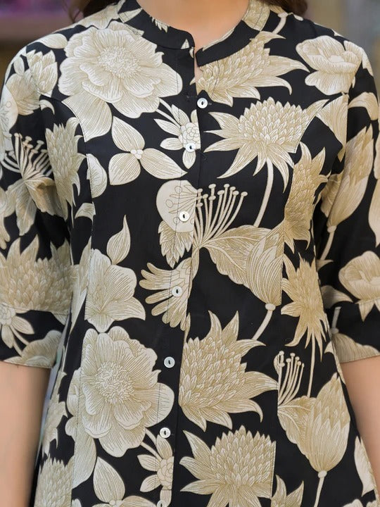 Black Printed Rayon A-Line Top