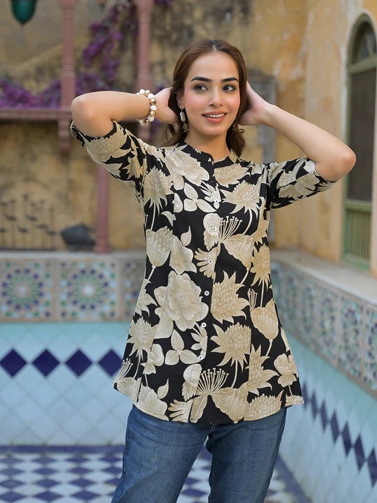 Black Printed Rayon A-Line Top