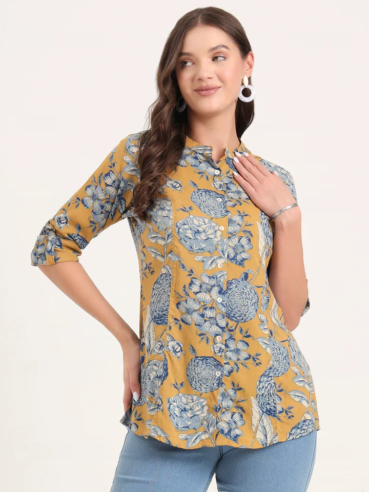Mustard bloom Rollup Sleeves A-Line Top