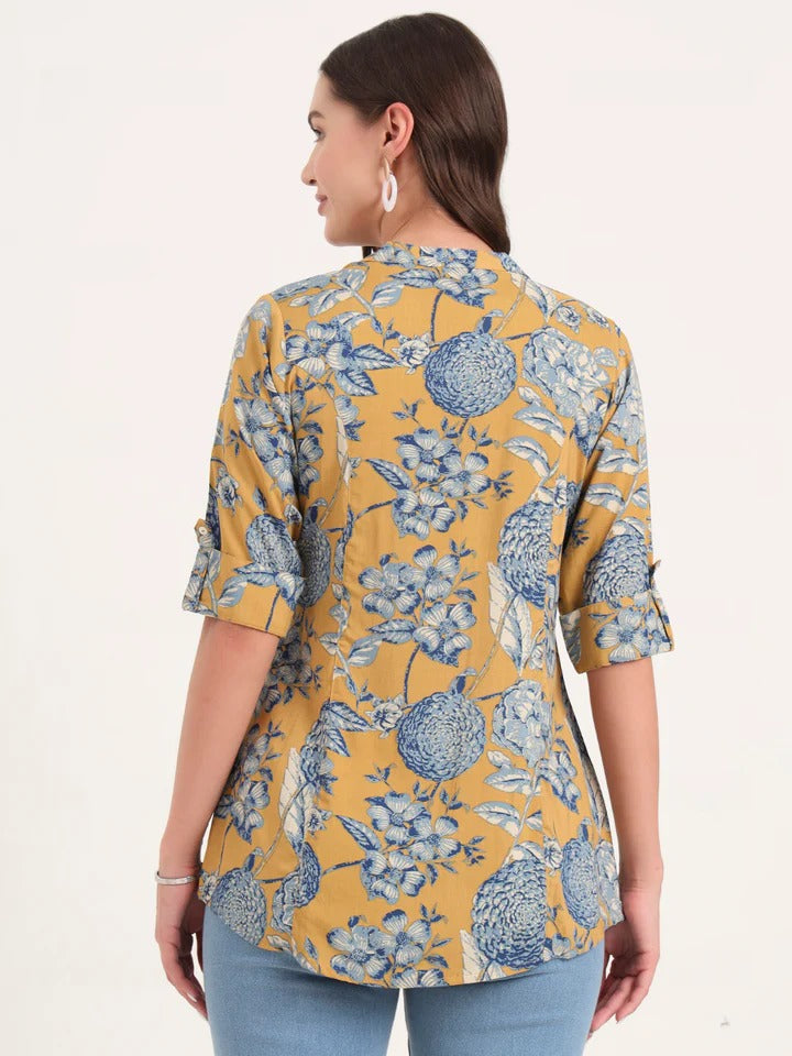 Mustard bloom Rollup Sleeves A-Line Top