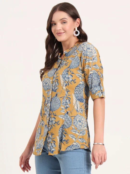Mustard bloom Rollup Sleeves A-Line Top