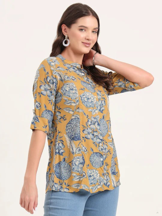 Mustard bloom Rollup Sleeves A-Line Top