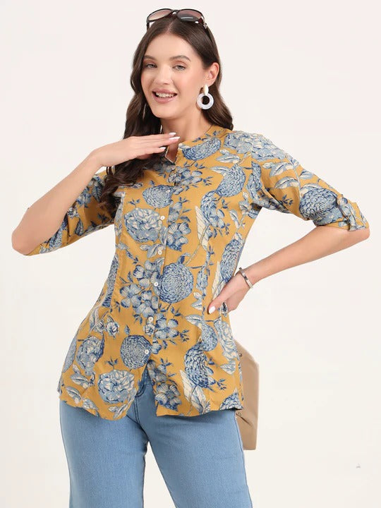 Mustard bloom Rollup Sleeves A-Line Top