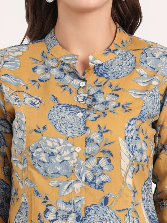 Mustard bloom Rollup Sleeves A-Line Top