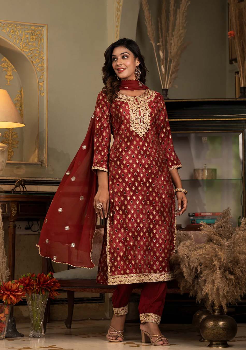 Deep Red Muslin Silk Zari work Kurta Pant With Dupatta