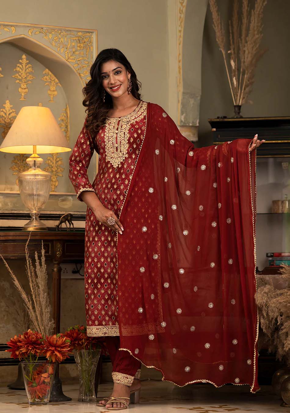 Deep Red Muslin Silk Zari work Kurta Pant With Dupatta