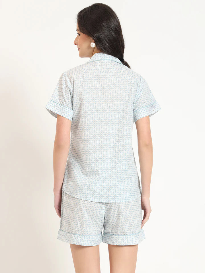 Grey Printed Cotton Shirt with Shorts Night suit