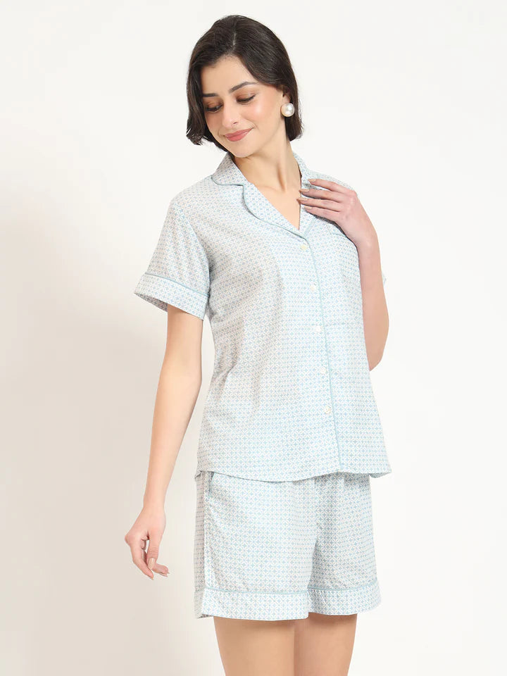 Grey Printed Cotton Shirt with Shorts Night suit