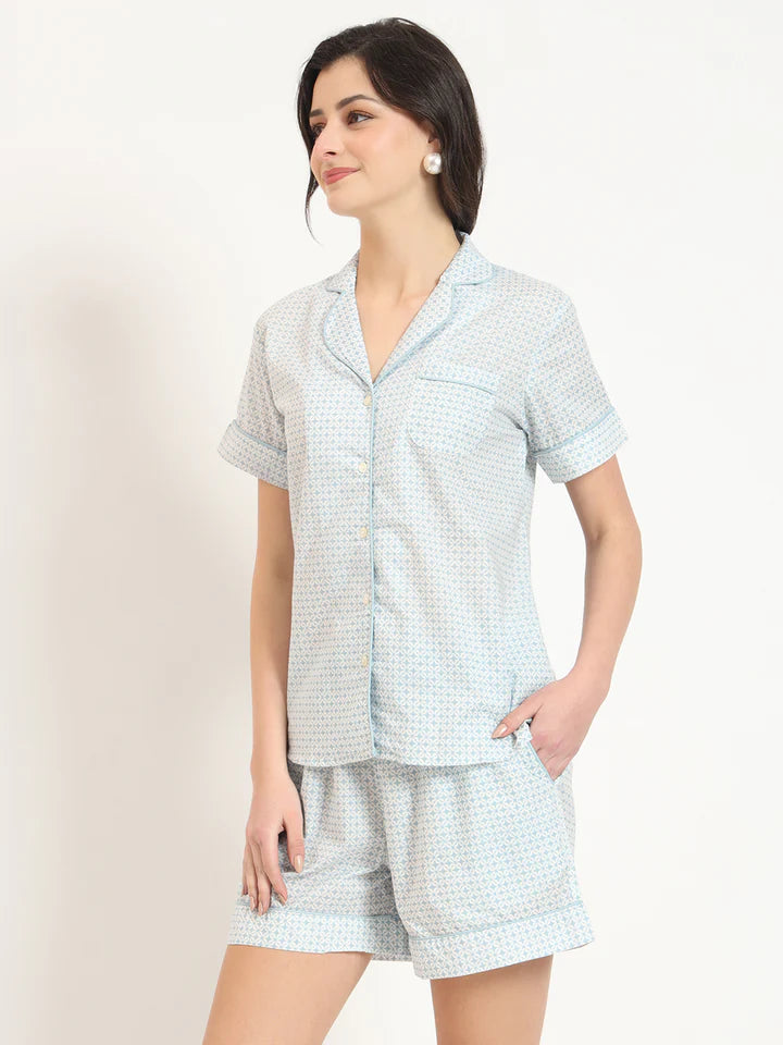 Grey Printed Cotton Shirt with Shorts Night suit