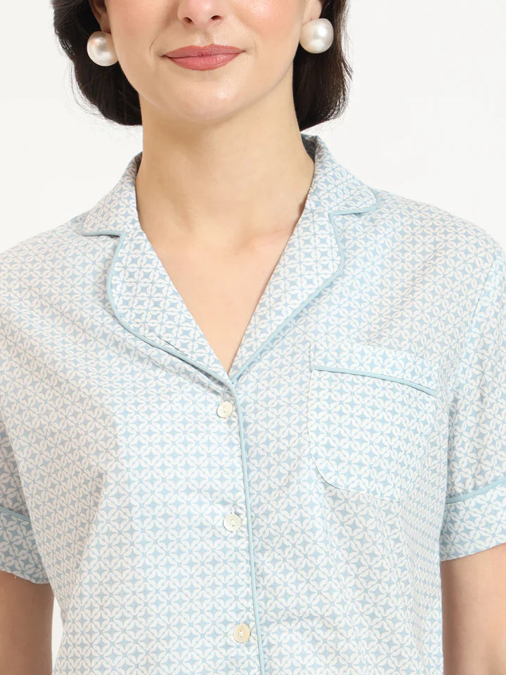 Grey Printed Cotton Shirt with Shorts Night suit