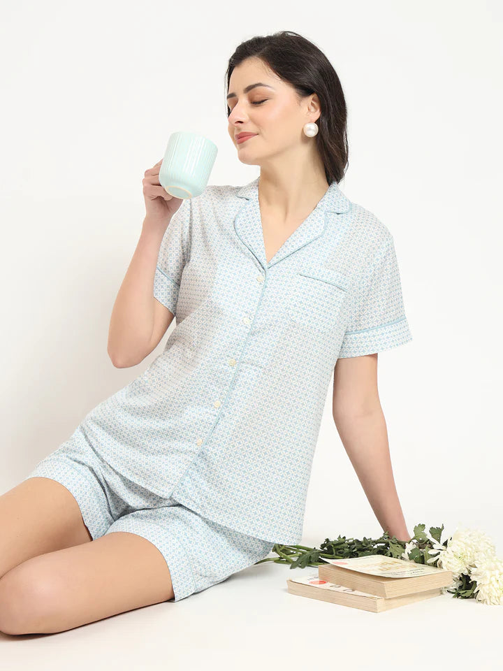 Grey Printed Cotton Shirt with Shorts Night suit