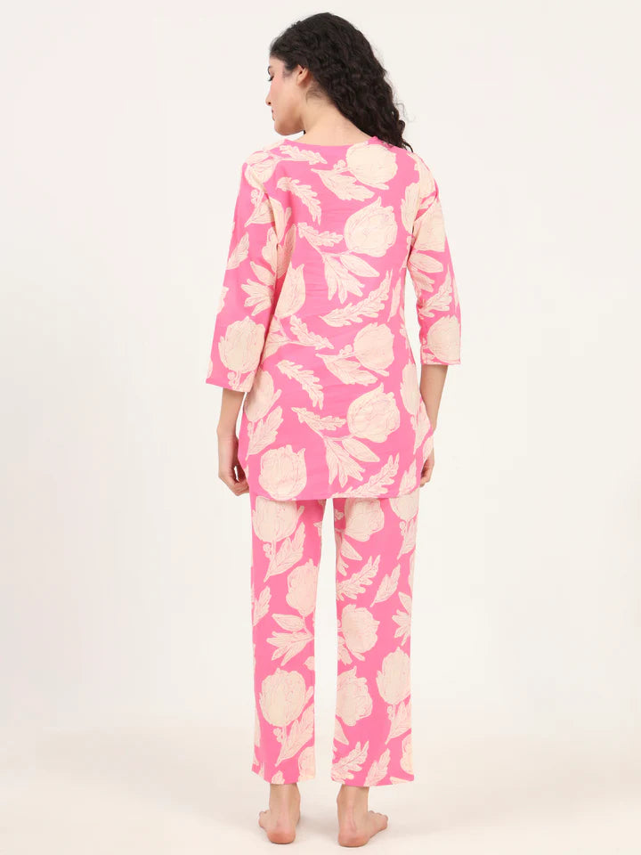 Pink Round Neck Cotton Night Suits