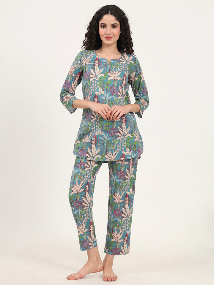 Teal Blue Round Neck Cotton Night Suits