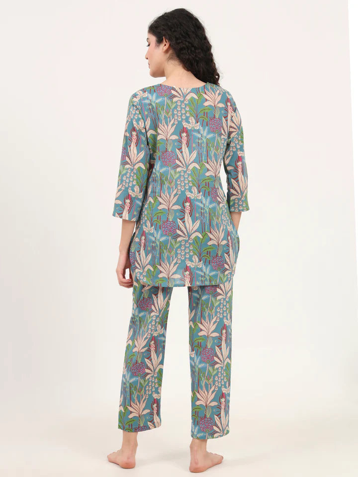 Teal Blue Round Neck Cotton Night Suits