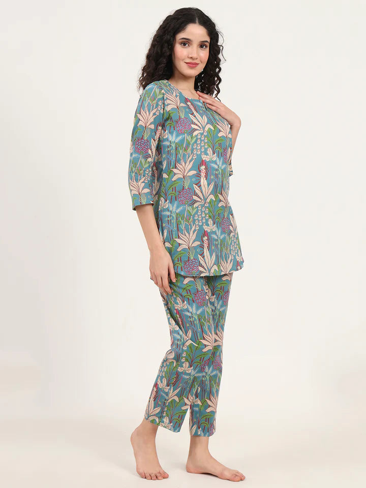 Teal Blue Round Neck Cotton Night Suits