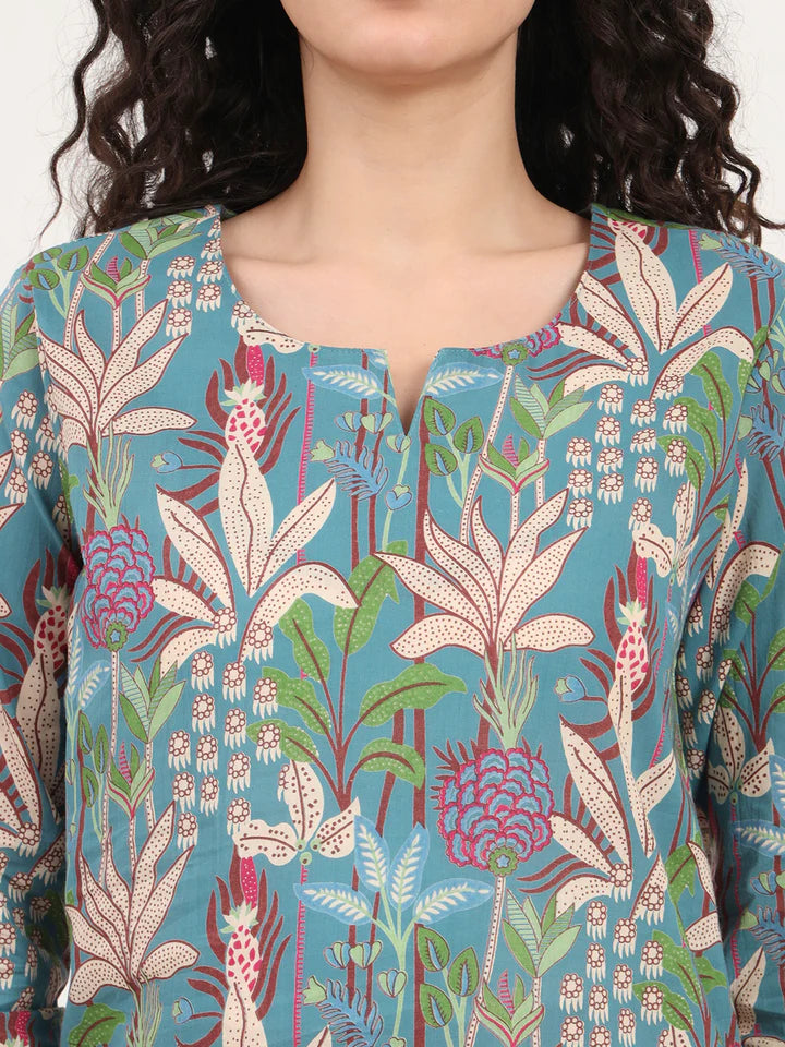 Teal Blue Round Neck Cotton Night Suits