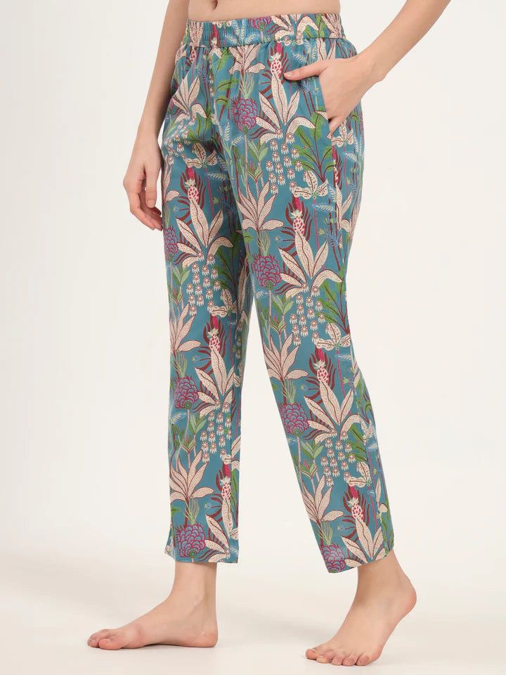 Teal Blue Round Neck Cotton Night Suits