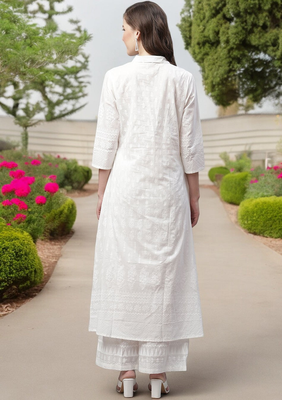 White Printed Cotton Kurti With Palazzo Set